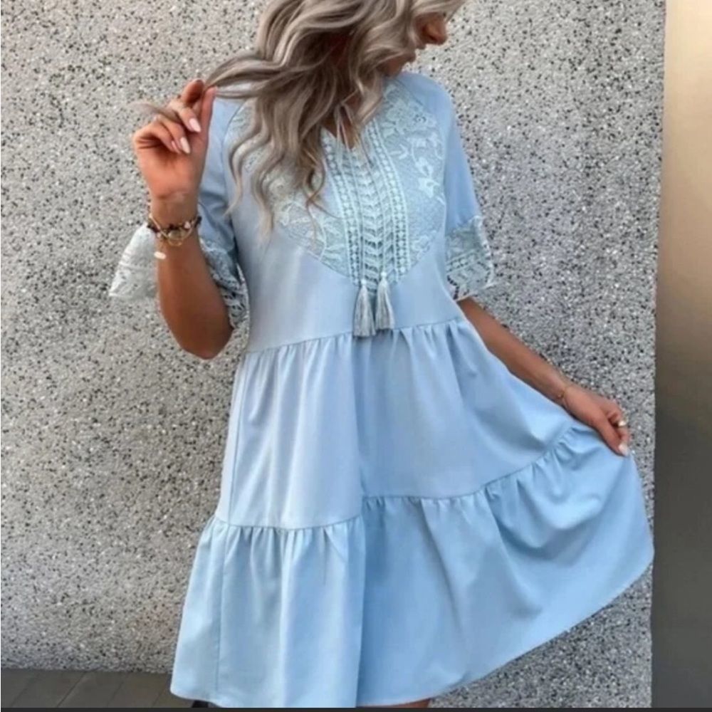 Kara and Kate Women’s Dress Mini Boho Floral Lace Puff Dusty Blue 6 Medium NWT